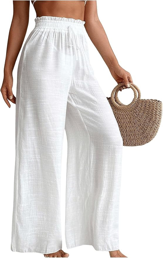 Milumia Women's Linen Paperbag Waist Wide Leg Coverup Pants Bikini Swimsuit Cover Up Pants | Amazon (US)