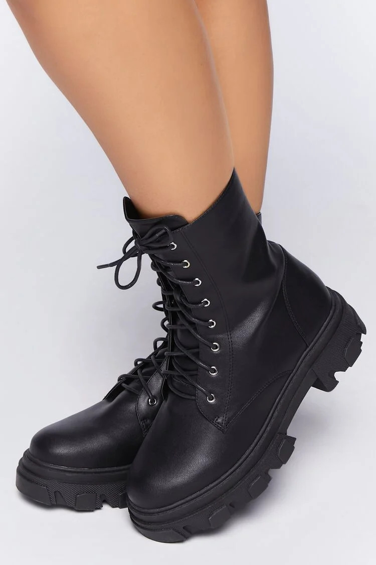 Women Lug-Sole Combat Boots (Wide) in Black, 12 | Forever 21 (US)