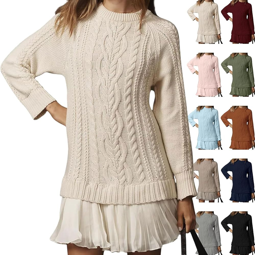 Sweater Dress with Skirt,Cable Knit Sweater Dress,Womens Long Sleeve Fall Pleated Mini Twofer Sty... | Amazon (US)