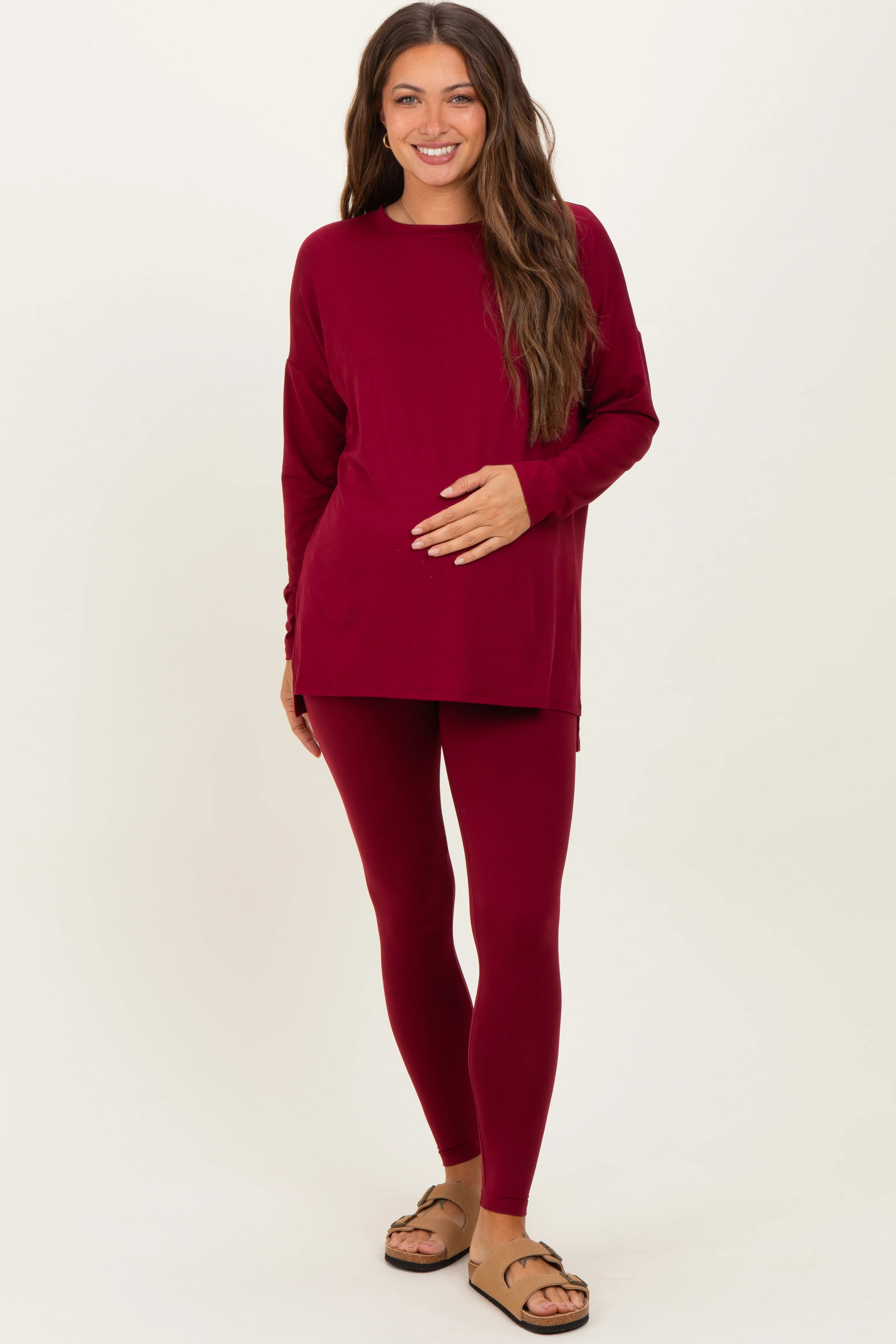 Burgundy Brushed Knit Oversized Top and Legging Maternity Set | PinkBlush Maternity