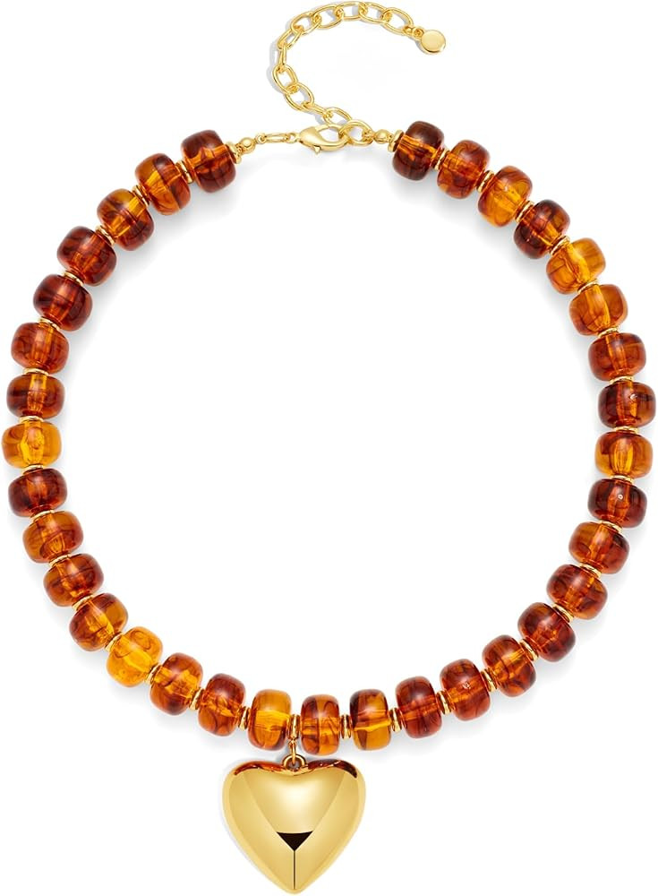 Chunky Beads Necklace for Women Trendy Gold Puffy Heart Choker Necklace Colorful Resin Beaded Hea... | Amazon (US)