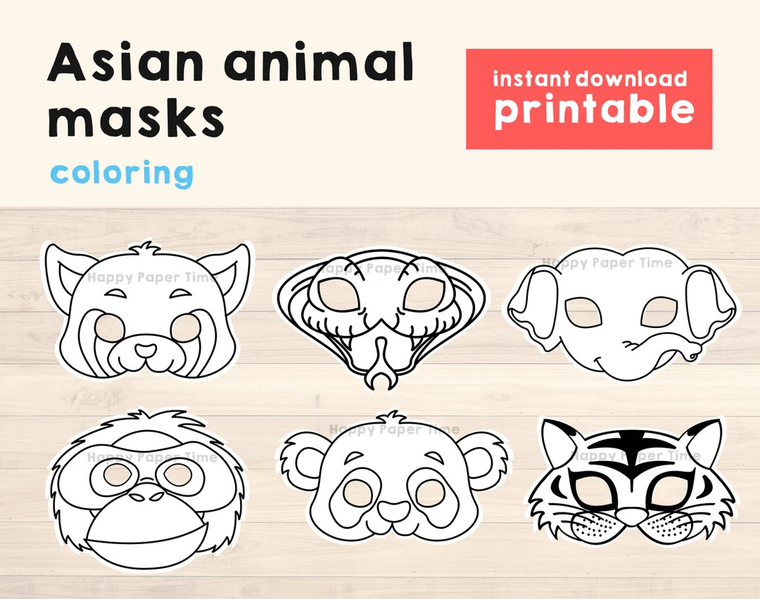 Asian Jungle Animal Masks Coloring Craft Activity for Kids - Etsy | Etsy (US)
