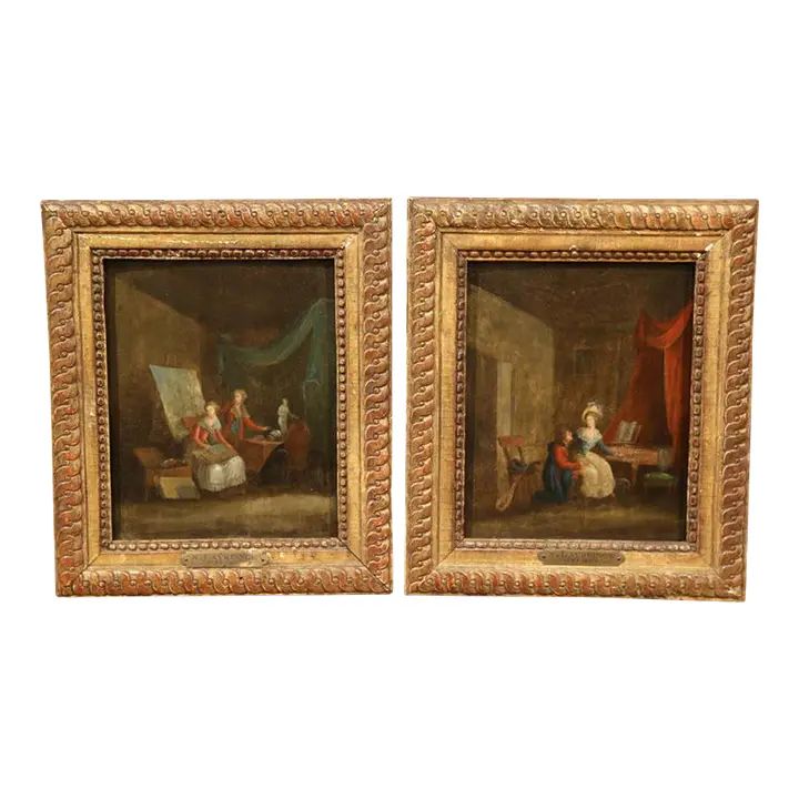 Pair of 18th Century Paintings on Board in Gilt Frames Signed N. Lavreince | Chairish