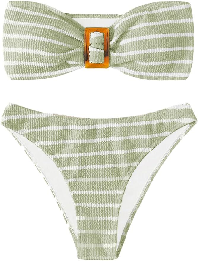 GORGLITTER Women's 2 Piece Strapless Swimsuit Striped Bandeau High Waisted Thong Bikini Set Bathi... | Amazon (US)