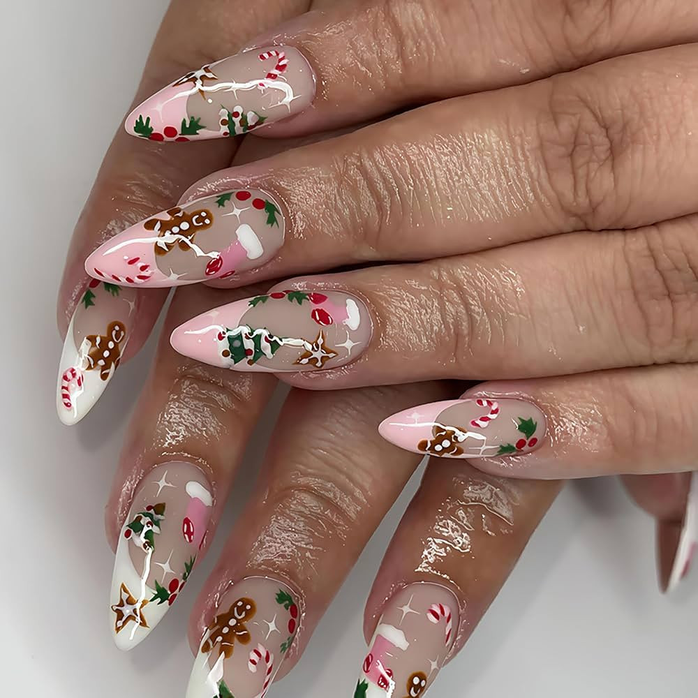 Christmas Press on Nails Pink French Almond Medium Fake Nails with Xmas Tree Gingerbread Man Desi... | Amazon (US)
