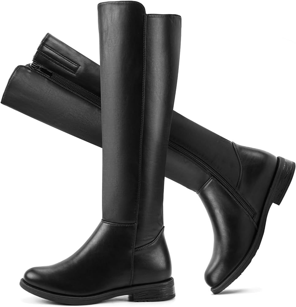 Shoe'N Tale Women's Knee High Boots Flat Low Heel Stretchy Round Toe with Side Zipper | Amazon (US)