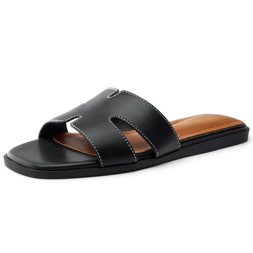 Tanamo Black Women's Slide Sandals, Comfortable Flats Summer Dressy Casual Beach Open Toe Shoes 2024 | Amazon (US)