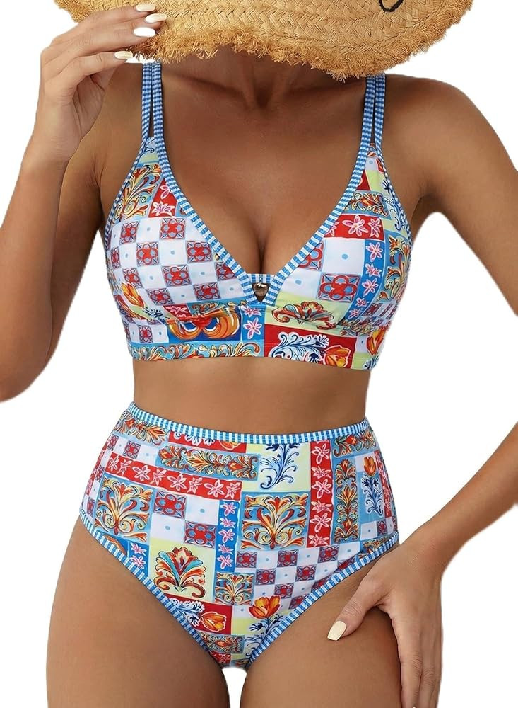 Herseas Women's 2 Piece Floral Print Bikini Sets V Neck Stitch Swimsuits High Waisted Bathing Sui... | Amazon (US)