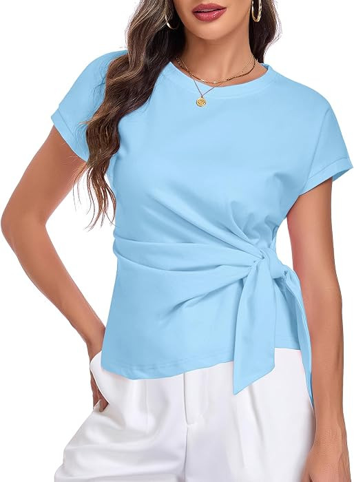 HOTIAN Womens Cap Sleeve T Shirts 2026 Tie Waist Wrap Tops Crew Neck Blouses Dressy Casual Loose ... | Amazon (US)