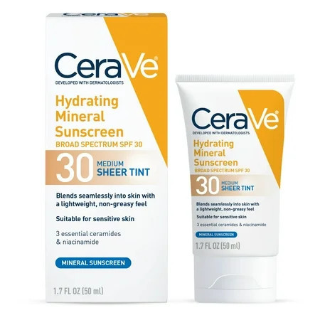 CeraVe Tinted Hydrating Mineral Sunscreen Lotion SPF 30 for Face with Sheer Tint | Walmart (US)