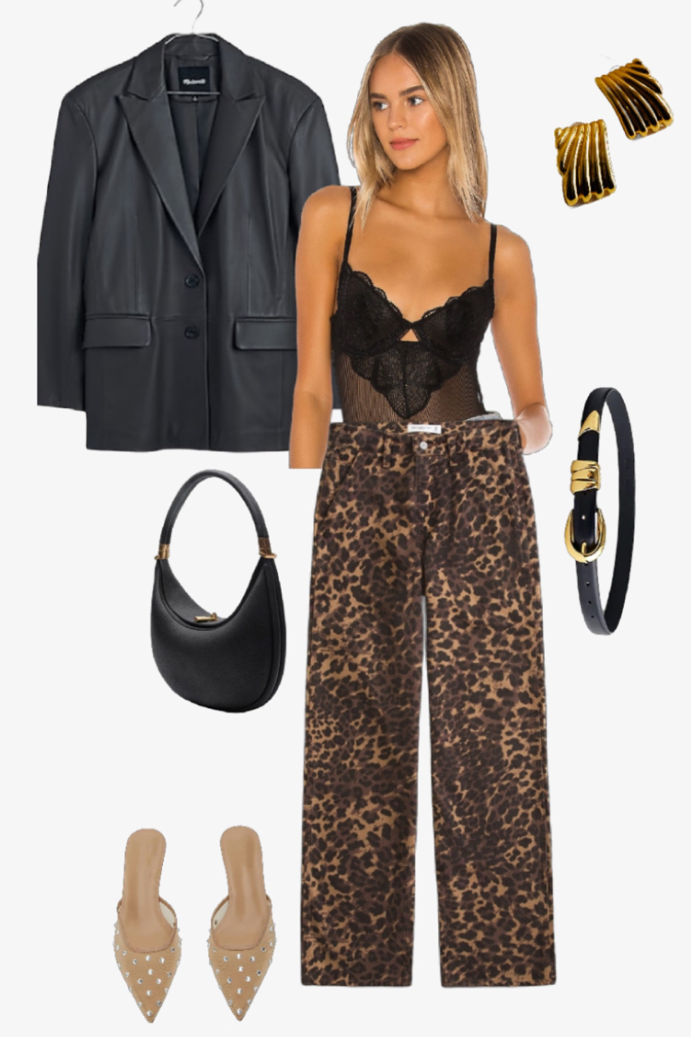 What better way to capture current trends than with leather, lace, and leopard print denim all in one look? This look is perfect for a sexy date night or a night out with the girls!

Denim. Blazer. Leather. Bodysuit. Heels. Black. Belt. Oversized. Loose fit. 

#LTKStyleTip #LTKxMadewell #LTKParties