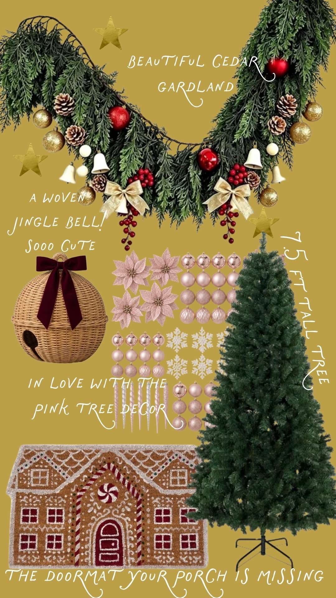 Another round of Walmart Christmas finds because there are too many good ones! 🎄✨ This cedar garland, pink ornaments, wicker jingle bell, gingerbread doormat, and 7.5-foot Christmas tree are perfect for creating a festive home with a mix of classic and playful details.

#LTKHoliday #LTKHome #LTKSeasonal #WalmartChristmas #WalmartHome #WalmartFinds #ChristmasDecor #ChristmasTree #ChristmasGarland #HolidayDecor #ChristmasPorch