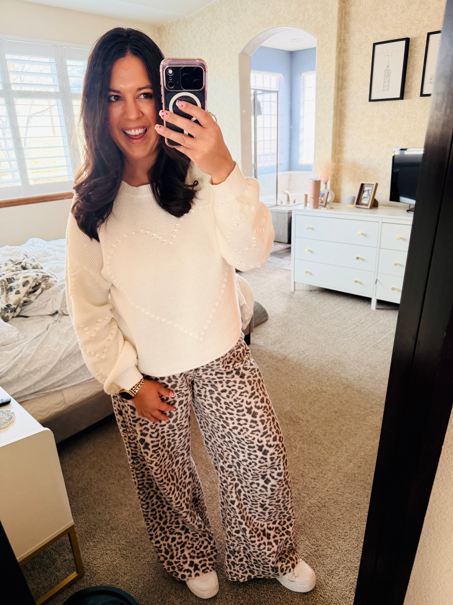 Casual and subtle Valentine’s Day outfit that you can wear all winter! 

These leopard pants are comfy and not too thick, but also have a tighter waist with not a ton of wiggle room, so size up if you’re worried! I’m wearing a size 12. 

I’m 5’6” so I took out the wide folded hem these pants came in and it worked out totally fine. 