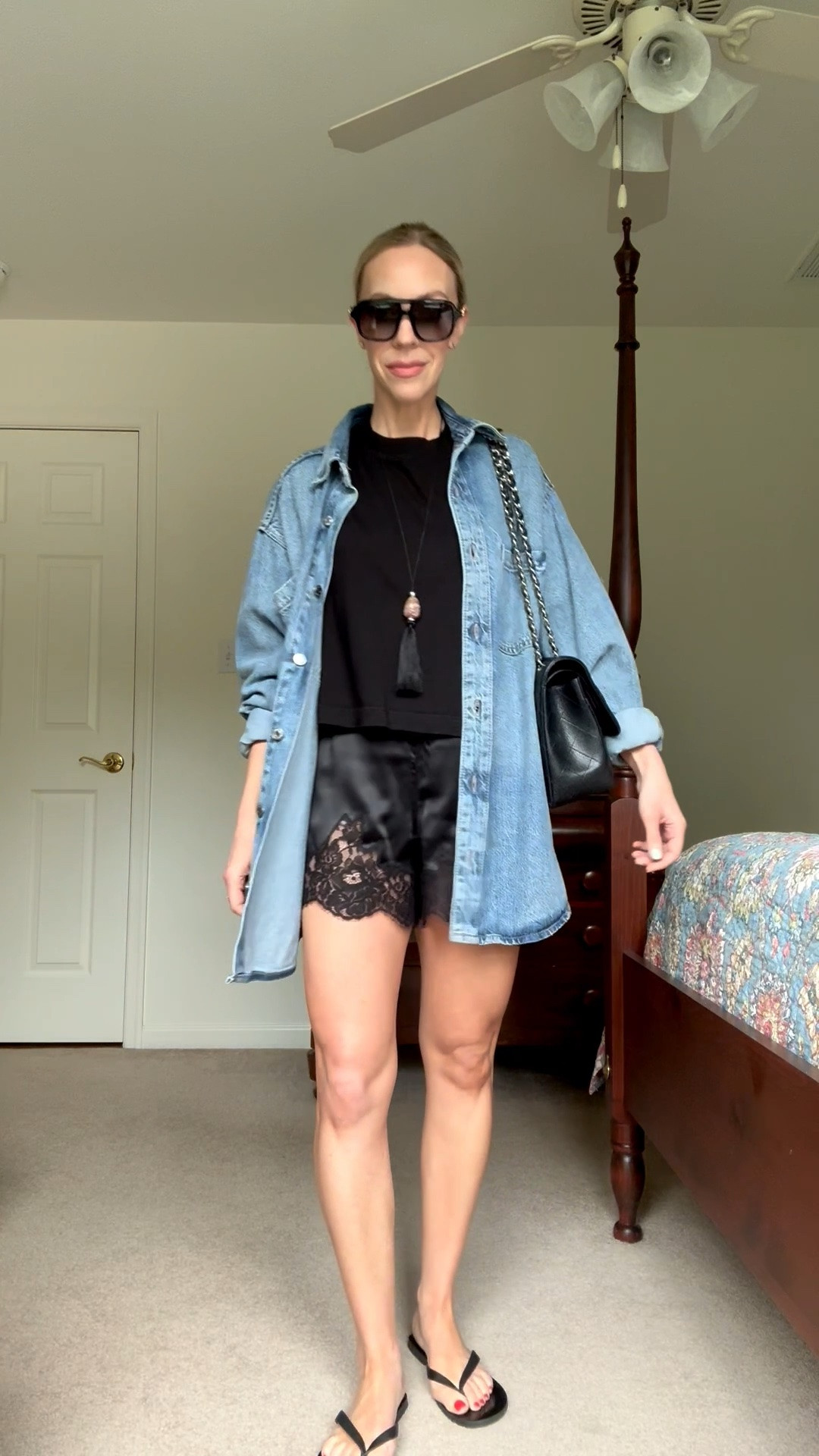 Black lace trim shorts styled with cropped tee, oversized denim shirt, leather thong sandals, Gucci aviator sunglasses

#LTKSeasonal #LTKOver40 #LTKgrwm