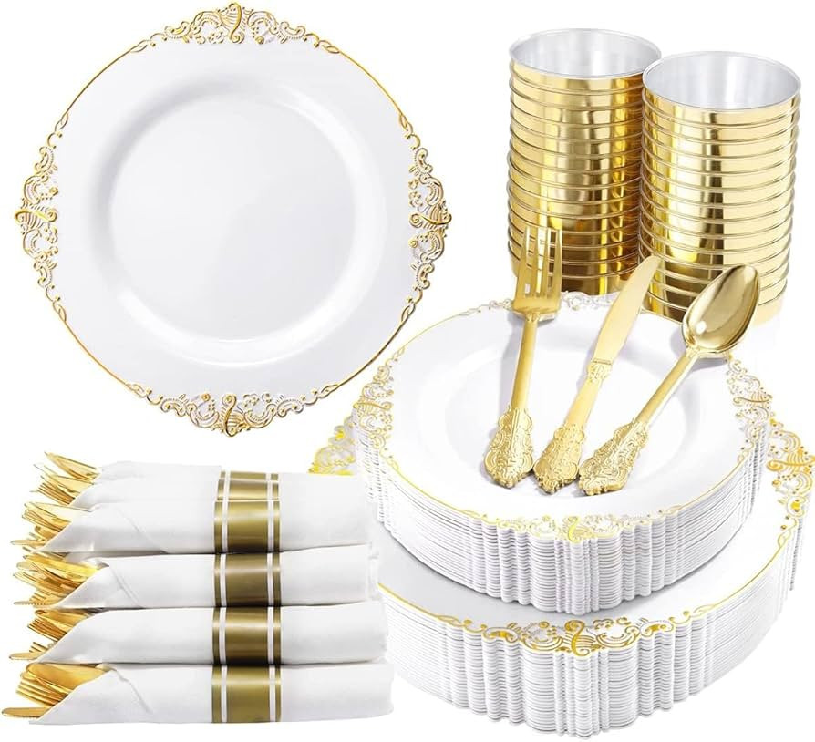 Nervure 350PCS Gold Plastic Plates - Gold Plastic Dinnerware Sets for 50 Guests - 100 Disposable ... | Amazon (US)