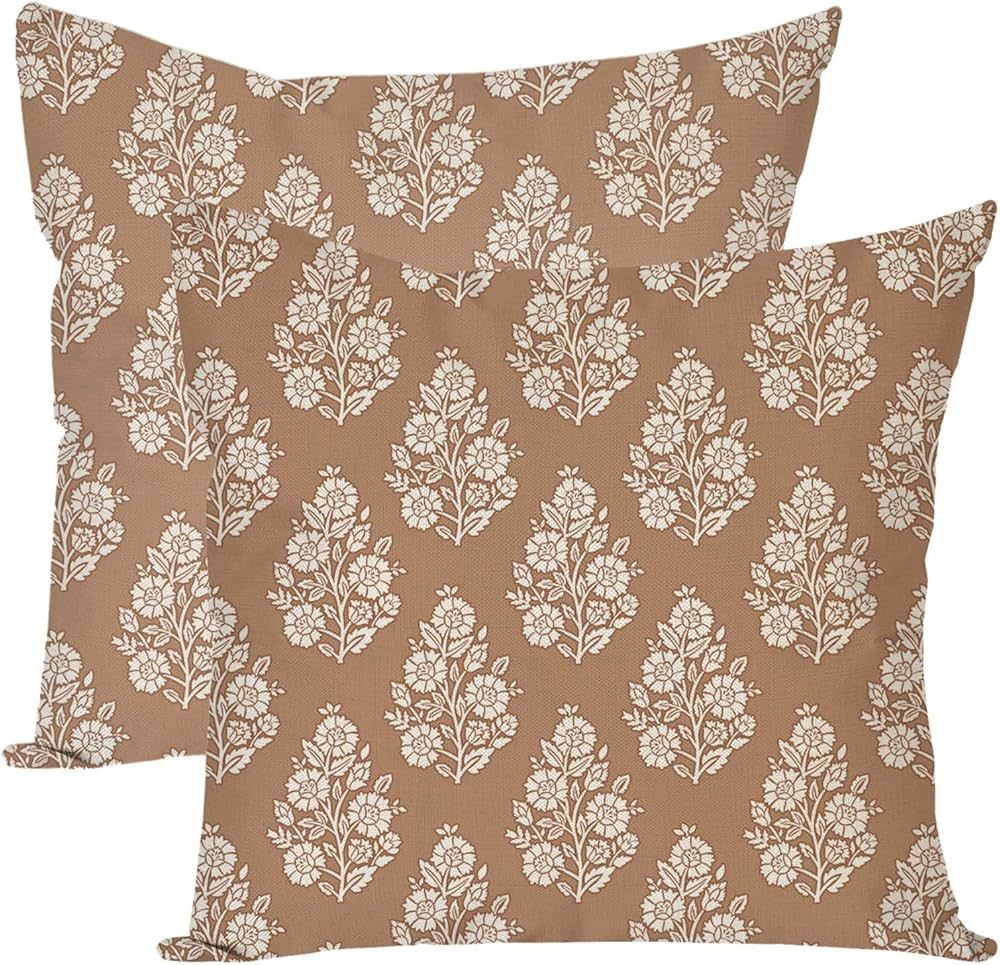 Vintage Floral Block Print Decorative Throw Pillow Covers 18x18 Inch Set of 2 Pale Brown Outdoor ... | Amazon (US)