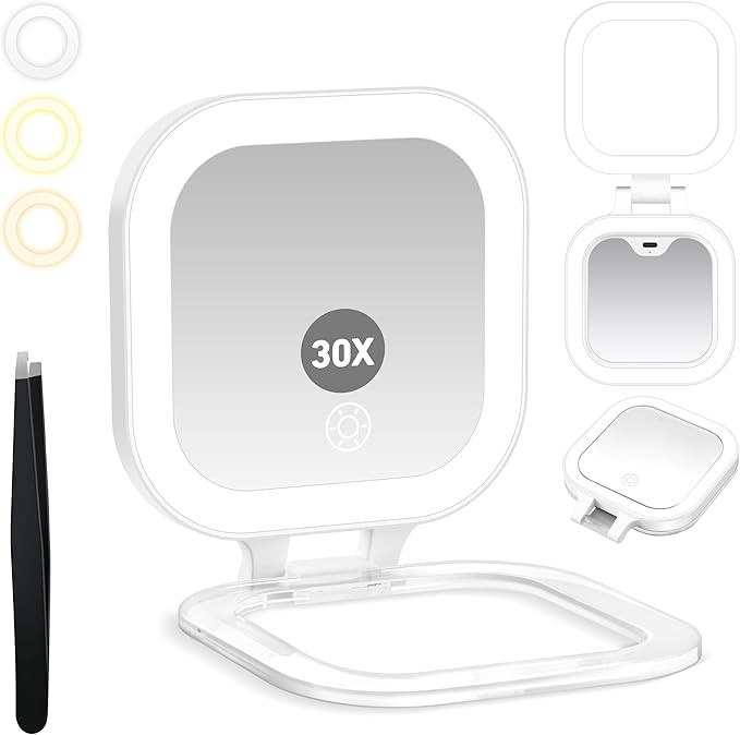 Travel Mirror with Light, Compact Mirrors, 1x/30x Magnifying Mirror with 3 Color Lights and Adjus... | Amazon (US)