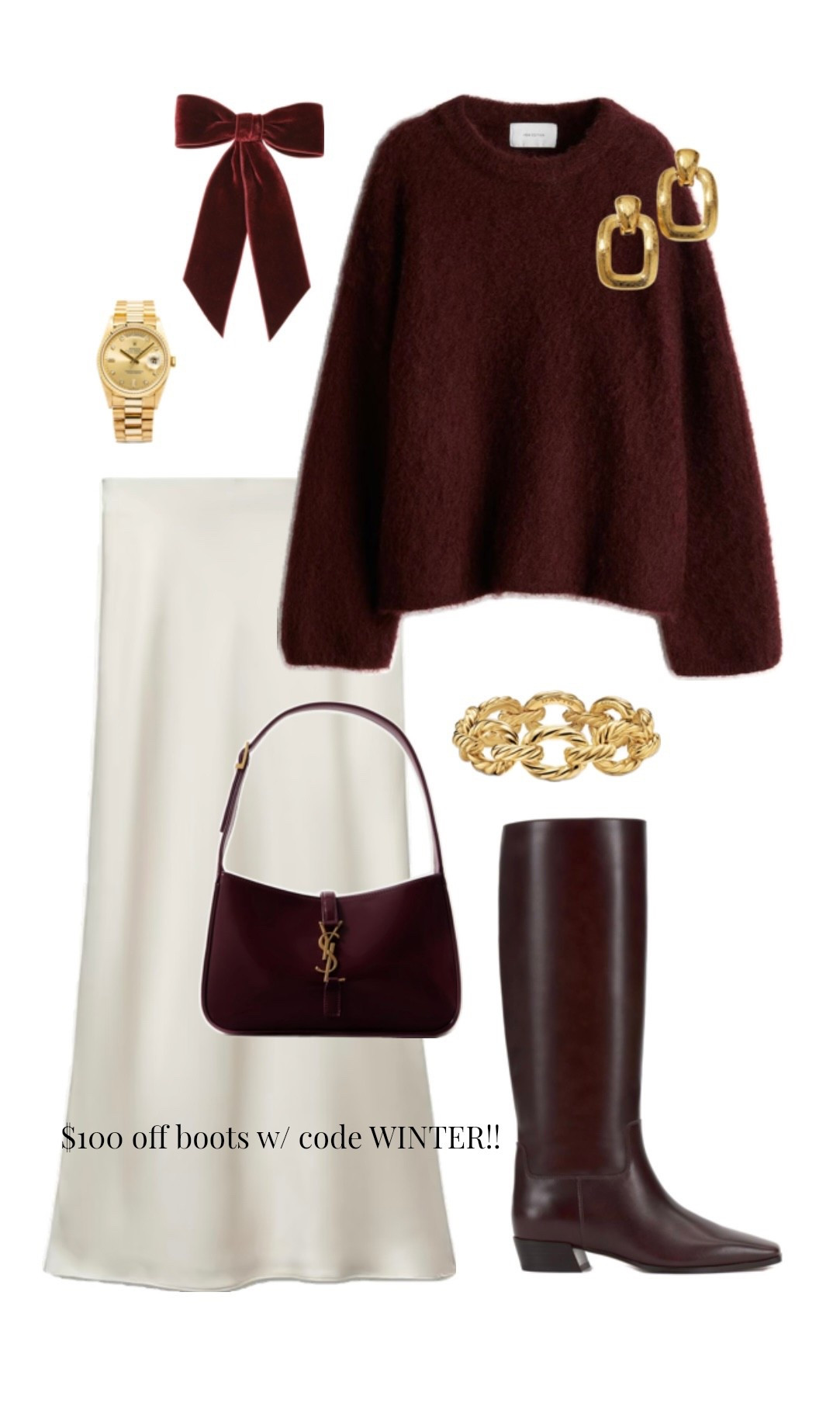 Rich burgundy + winter whites 🤍 These knee high boots are only $91 right now with code WINTER! Originally $190. They look so luxe with a satin skirt + cozy sweater! 

tall boots on sale, burgundy boots outfit, winter outfit ideas, cozy sweater outfit, satin skirt outfit, holiday outfit inspo, neutral winter style, chic winter look, affordable winter boots, elevated everyday outfit

#LTKSeasonal #LTKSaleAlert #LTKWorkwear