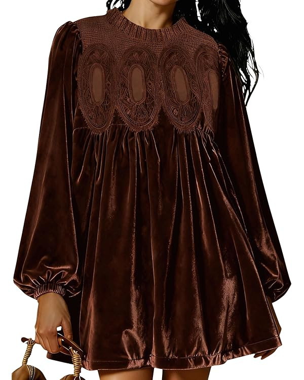 Huaqiao Womens A-Line Velvet Lace Overall Pleated Babydoll Mini Dress Casual Scallop Neck Flared ... | Amazon (US)