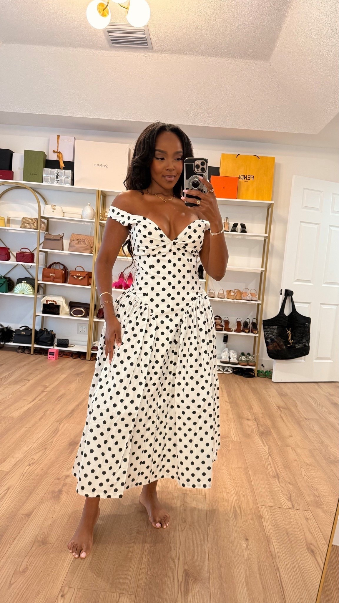 Scroll to shop 🤍  

A timeless polka dot midi dress with an off-shoulder neckline and structured bodice for a feminine, classic look.

Perfect for brunch, date nights, or summer events.

Measurements: 5'4" | 138 lbs | 34D | 27" waist | 40" hips

Follow me on Instagram and YouTube @kirasfashionfinds