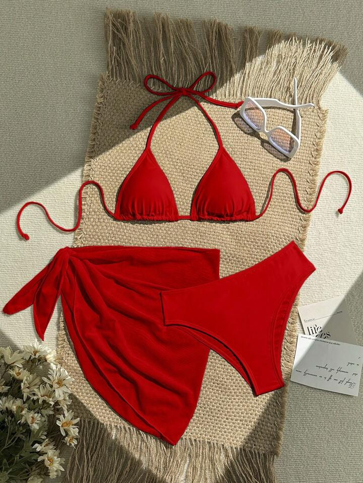 SHEIN Swim 3pcs Women Holiday Solid Color Sexy Halter Bikini Swimwear Set, Bathing Suit Set, For Summer Beach Vacation | SHEIN