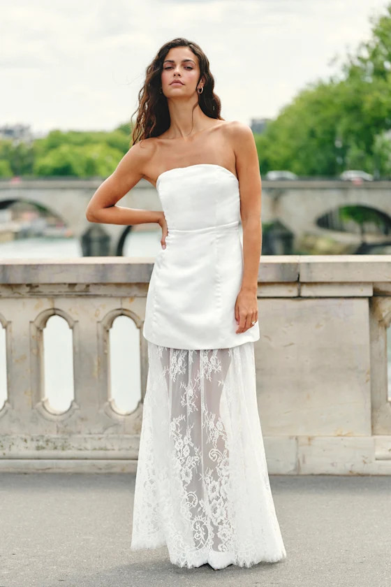 Winslet White Satin Sheer Hem Strapless Maxi Dress | Lulus