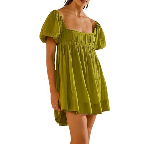Women Puff Sleeve Mini Dress, Summer Square Neck Short Puff Sleeve A-Line Dress, Off Shoulder Mini Skirt (Green,S) | Amazon (US)