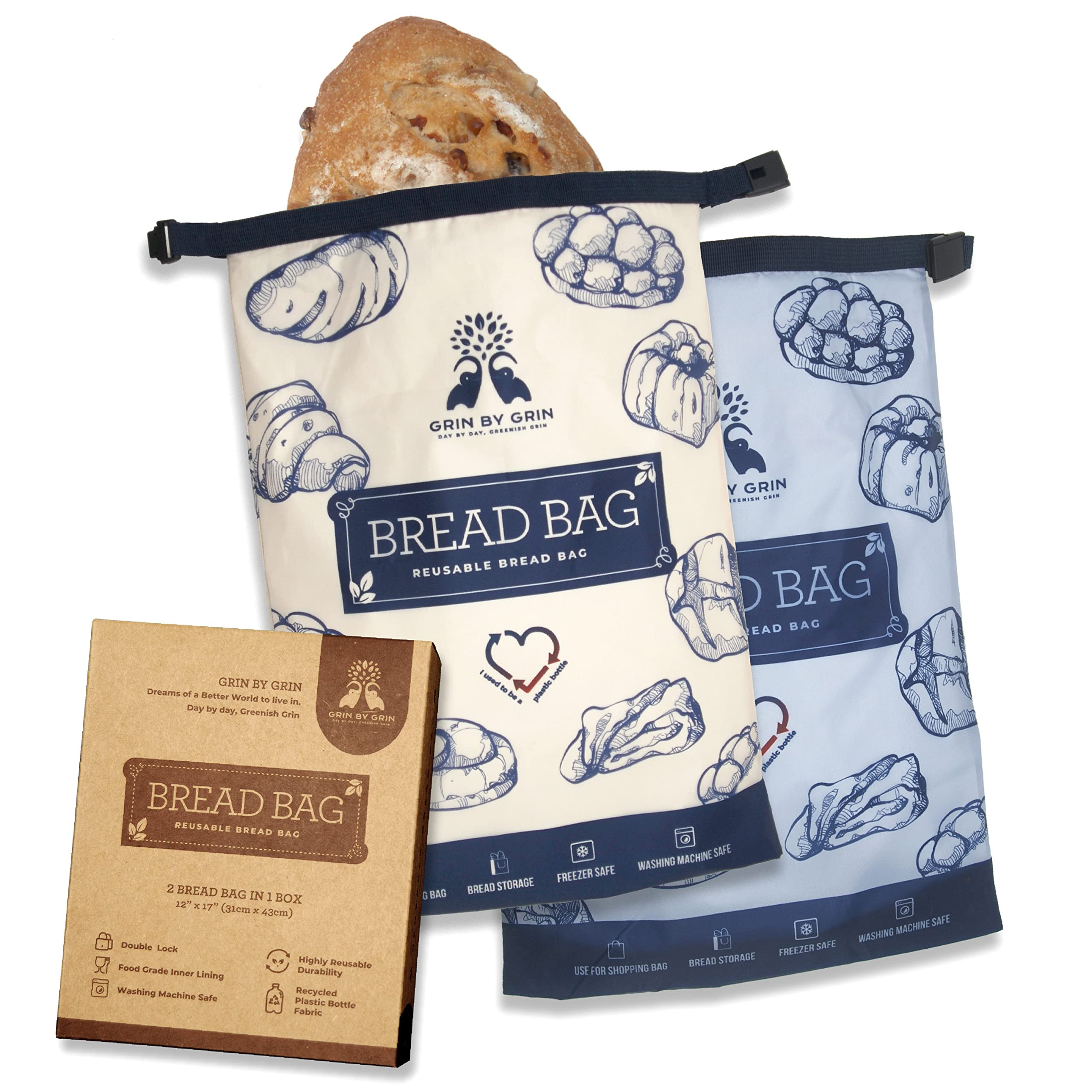GRIN BY GRIN- 2 Packs Bread Bags, Zipper Reusable Bread Bags for Homemade Bread Loaf, Freezer Bre... | Amazon (US)