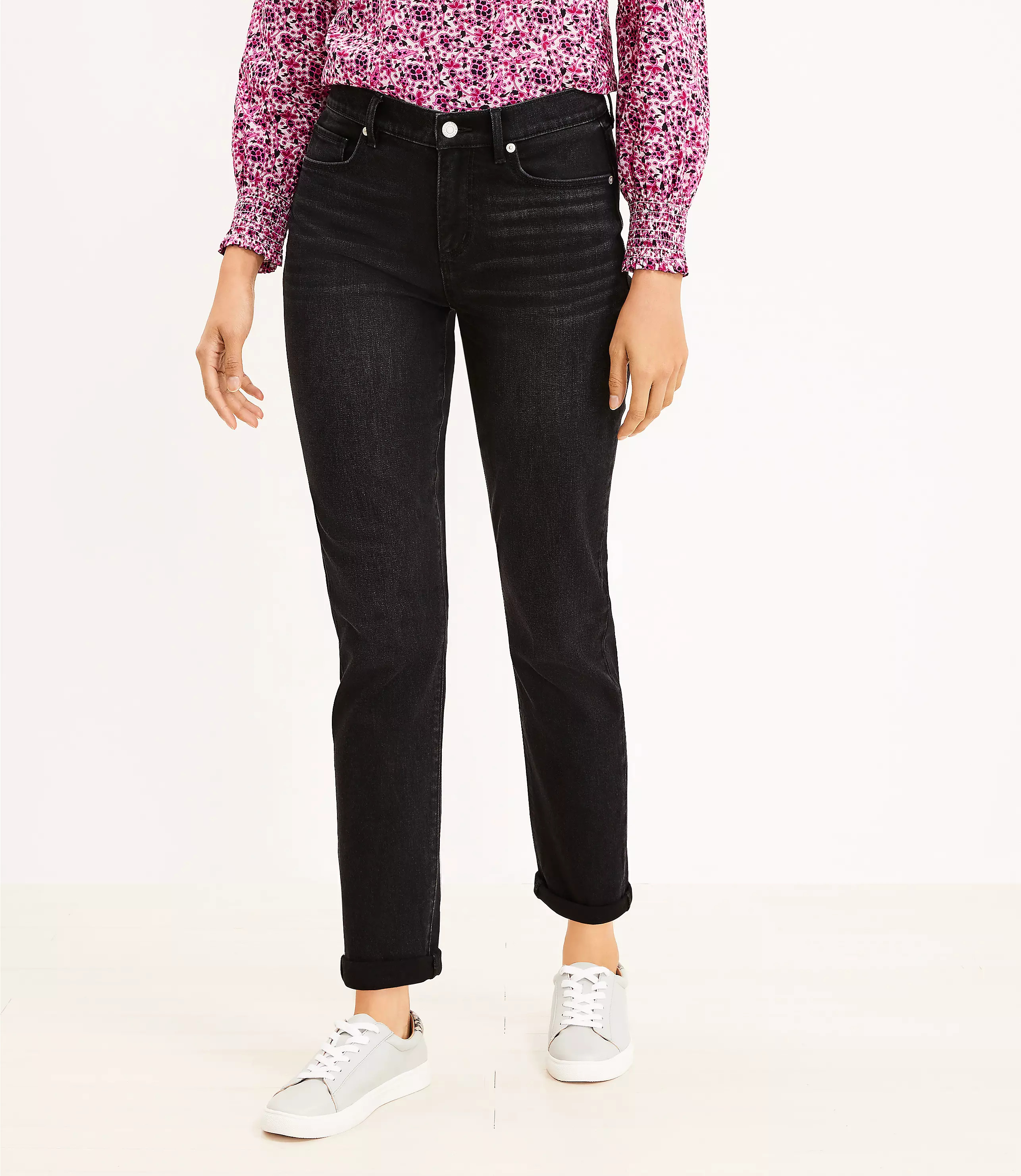 Curvy Super Soft Girlfriend Jeans in Washed Black Wash | LOFT