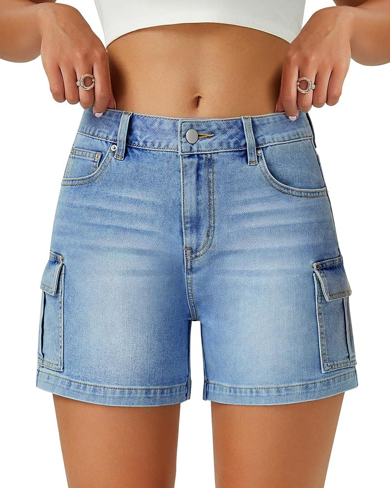 Womens Cargo Jean Shorts High Waisted Microelastic Straight Leg Long Denim Mom Shorts | Amazon (US)
