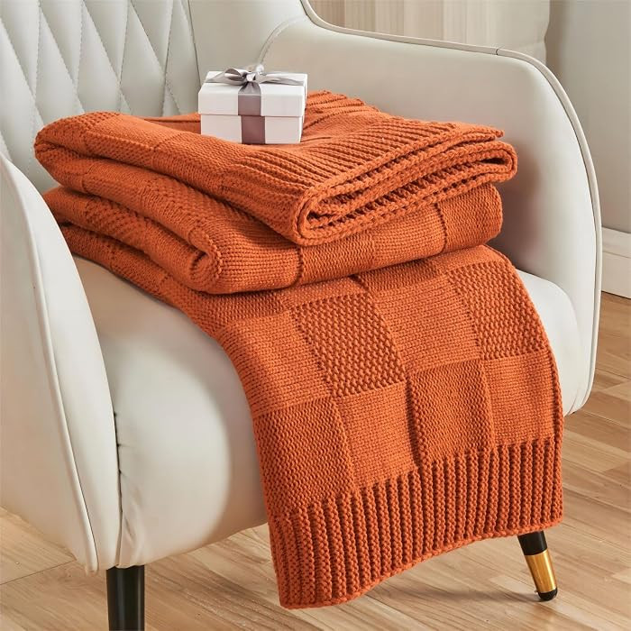 Rust Orange Knitted Checkered Throw Blanket 50"X60" | Amazon (US)