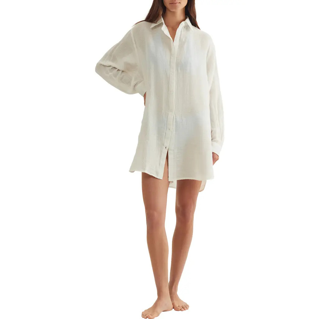 Polo Ralph Lauren Boyfriend Long Sleeve Cover-Up Tunic in Cream at Nordstrom, Size Large | Nordstrom