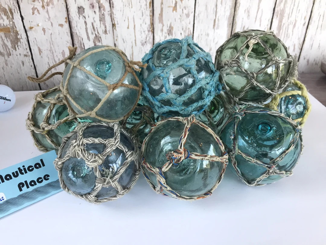 3.5 Japanese Glass Fishing Floats With Netting Vintage Japan Ball Old Fish Net Buoy Aqua Shades S... | Etsy (US)