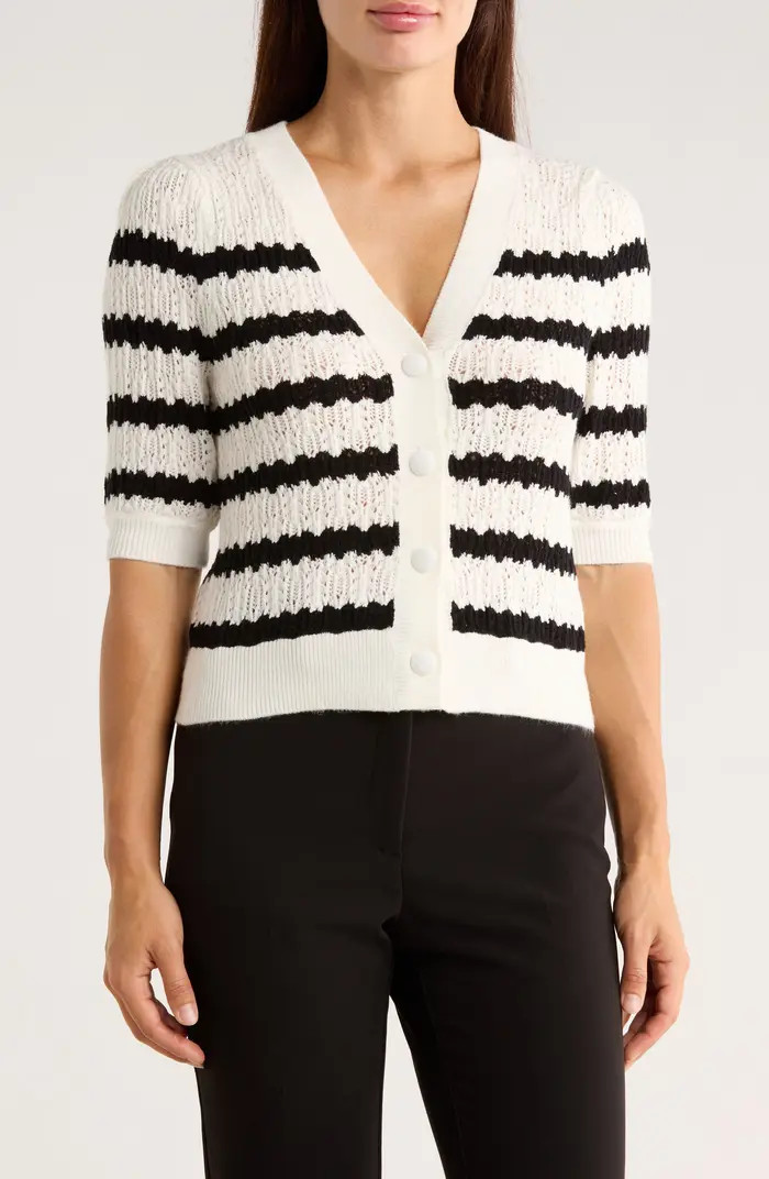 Ellen Tracy Stripe Short Sleeve Pointelle Cardigan | Nordstromrack | Nordstrom Rack