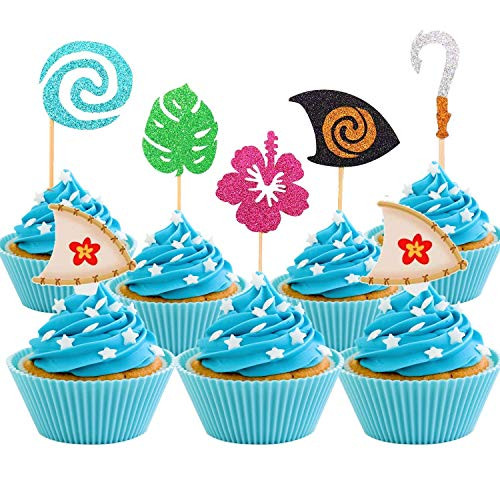 JeVenis 30 Pcs Glittery Moana Inspired Cupcake Toppers Moana Cake Toppers Hawaiian Birthday Party Decoration for Tropical Luau Summer Party Baby Shower Wedding | Amazon (US)