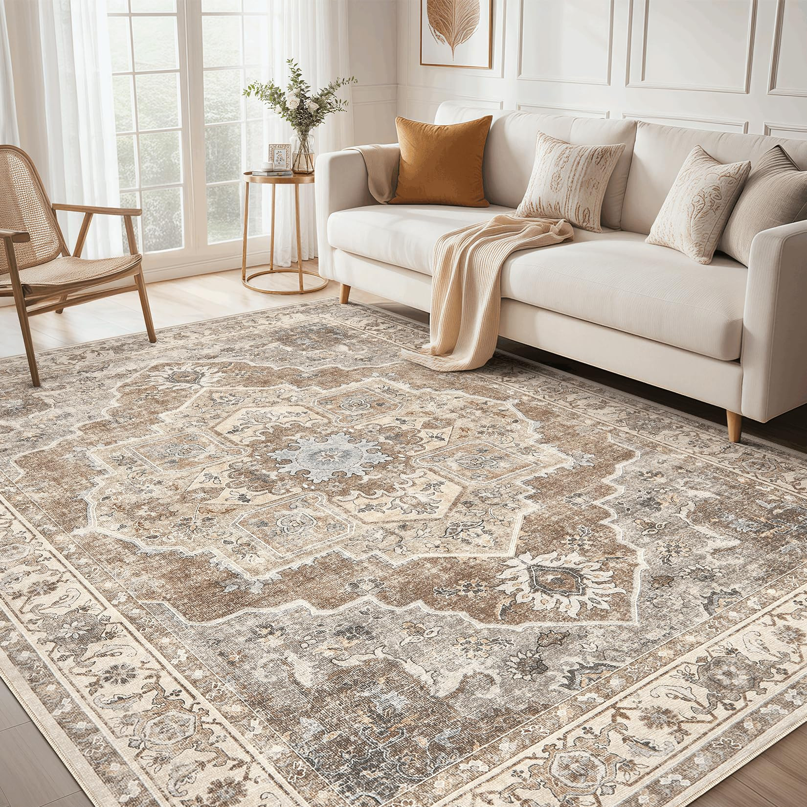 Area Rug for Living Room: 8x10 Washable Vintage Neutral Soft Non Slip Thin Large Floor Carpet for... | Amazon (US)