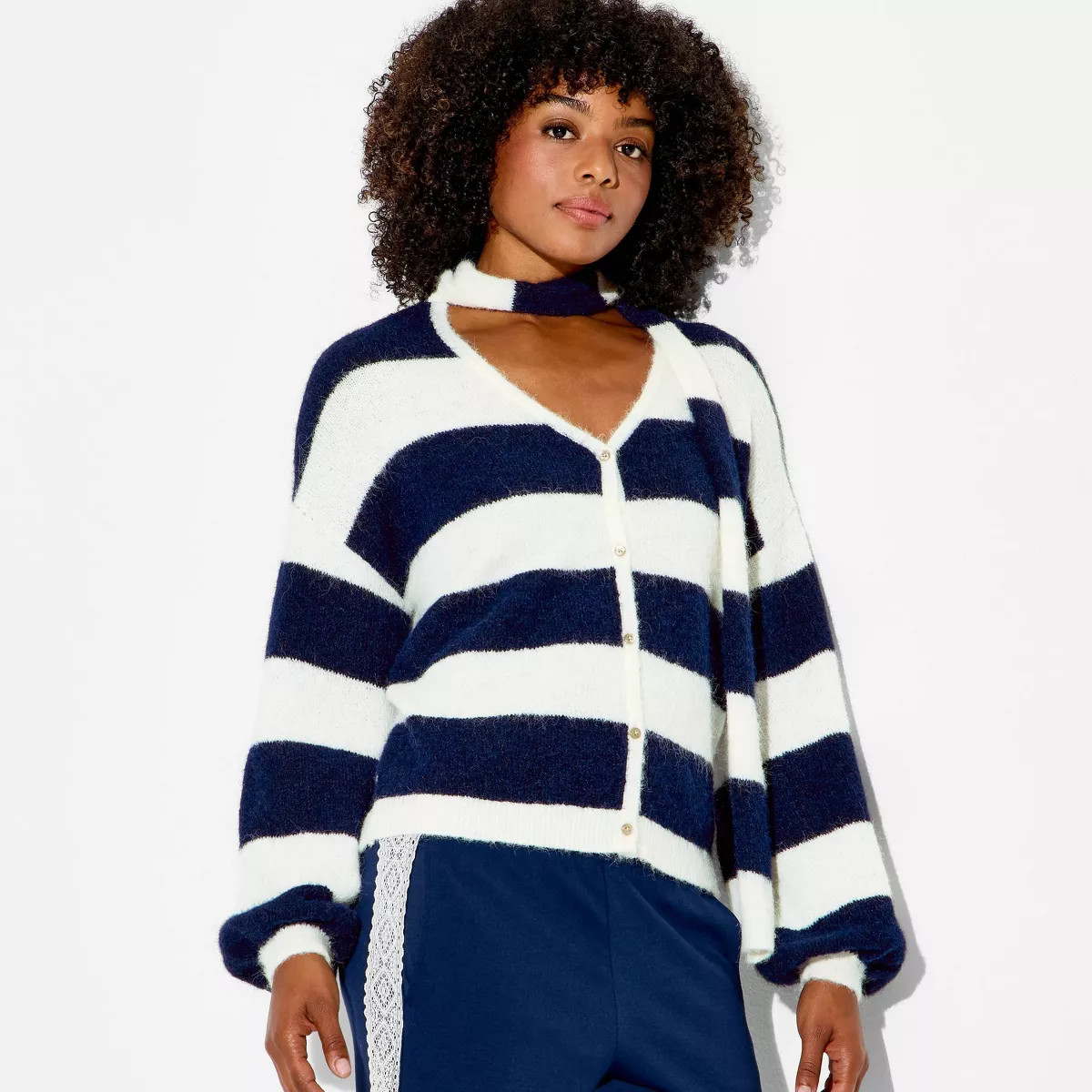 Women's Long Sleeve V-Neck Cardigan - Wild Fable™ Navy Blue Striped XS | Target