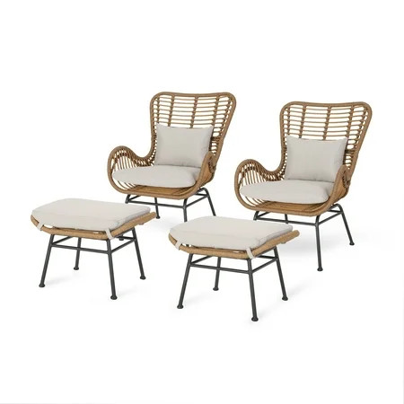 Noble House Avalyn Indoor Modern Boho Wicker Chat Set with Ottomans, Light Brown, Beige, and Black | Walmart (US)