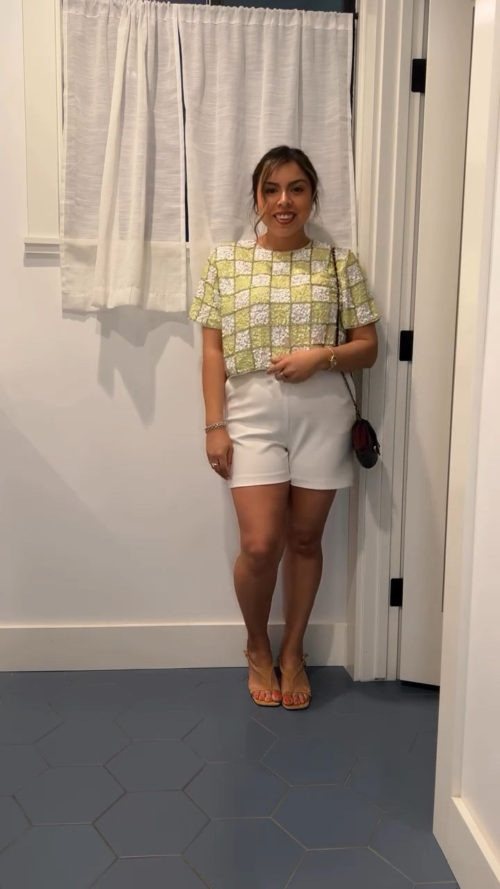 Saturday night done right ✨🖤 sequin top, white shorts, kitten heels, Chanel.. and a claw clip holding it all together. simple, elevated, effortless. full look linked on LTK 🔗 #ootd #nightoutfit #sequinstyle #kittenheels #ltkfashion