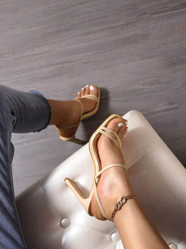 Women Thin Strap Chunky Heeled Sandals, Elegant Khaki Slingback Sandals | SHEIN