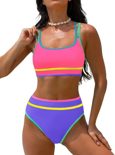 popvil Women's High Waisted Bikini Sets Neon Two Piece 2026 Swimsuit Sporty Adjustable Straps Modest Bathing Suit Ladies Beach Summer Pink&Purple | Amazon (US)