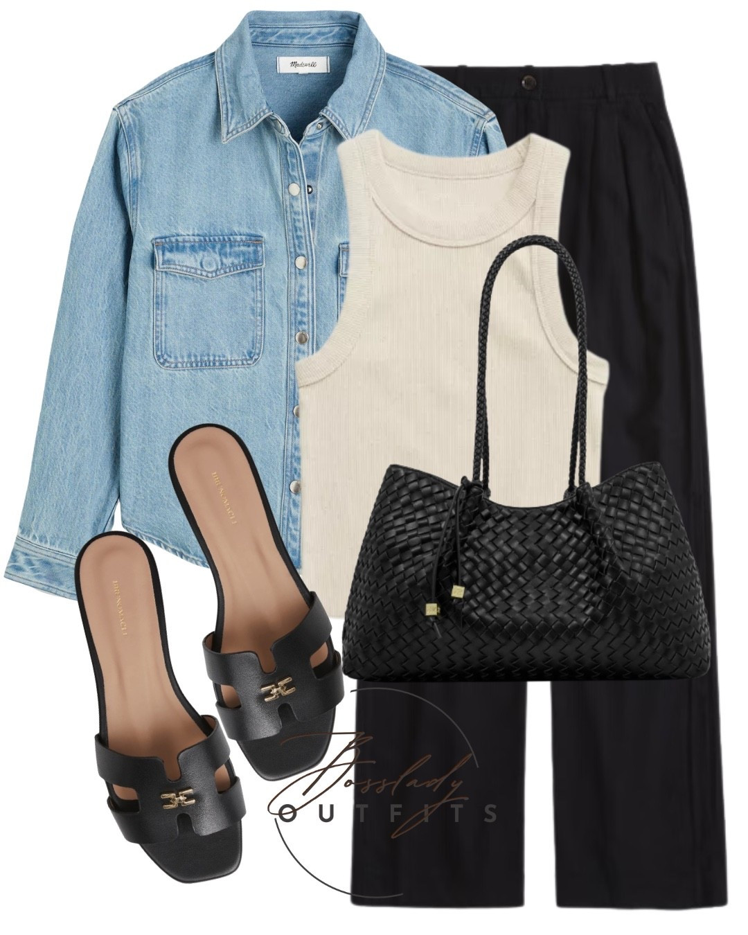 Elevate your everyday wardrobe with these timeless staples. 🖤 A classic light-wash denim shirt layered over a neutral high-neck ribbed tank creates the perfect effortless base. Paired with relaxed wide-leg black trousers, chic slide sandals, and a gorgeous woven leather tote bag for a look that perfectly balances comfort and elevated style. This is the ultimate outfit formula for casual office days, weekend brunch, or running errands!

#LTKstyletip #LTKsummer #LTKshoes