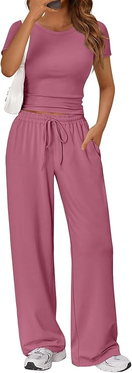 Trendy Queen 2 Piece Matching Summer Sweatsuit Lounge Set Womens Wide Leg Pants Side Ruching Crop... | Amazon (US)