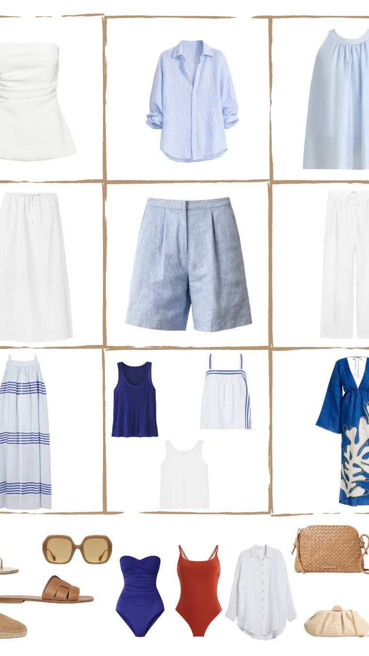 Mediterranean summer, one carry-on. 
White and blue palette that works from beach to dinner — linen midi skirt, oversized linen shirt, TWP Fisher shorts in washed hemp, the Cala de la Cruz cobalt linen kaftan that goes straight from the water to dinner without missing a beat. Tan slides, gold flats, espadrilles. Straw tote and raffia crossbody for the days, a small cream evening bag for the nights. 
This is the full Packing Sudoku
Pieces I was unable to link: 
FABRIQUE Leah Blue Halter Camisole Top in Lyocell
WRAP LONDON Pin-tuck vest Linen jersey
LEMLEM Eda striped cotton-gauze midi dress