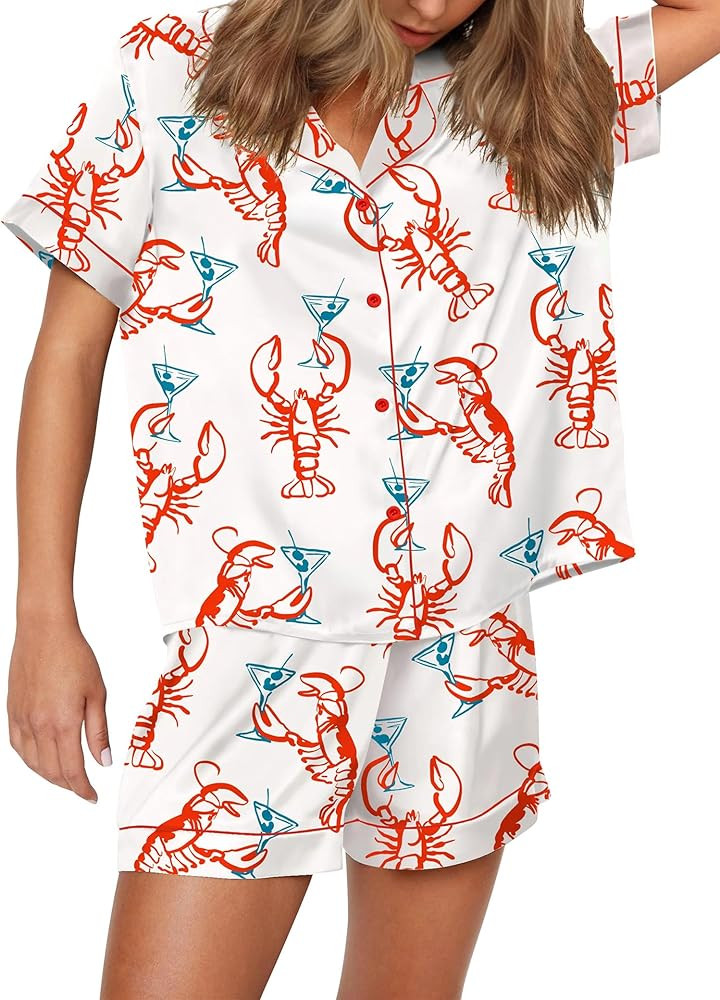 SHESHOW Satin Pajamas for Women Set Preppy Animals Pjs Short Sleeve Shorts 2 Piece Loungewear Set... | Amazon (US)