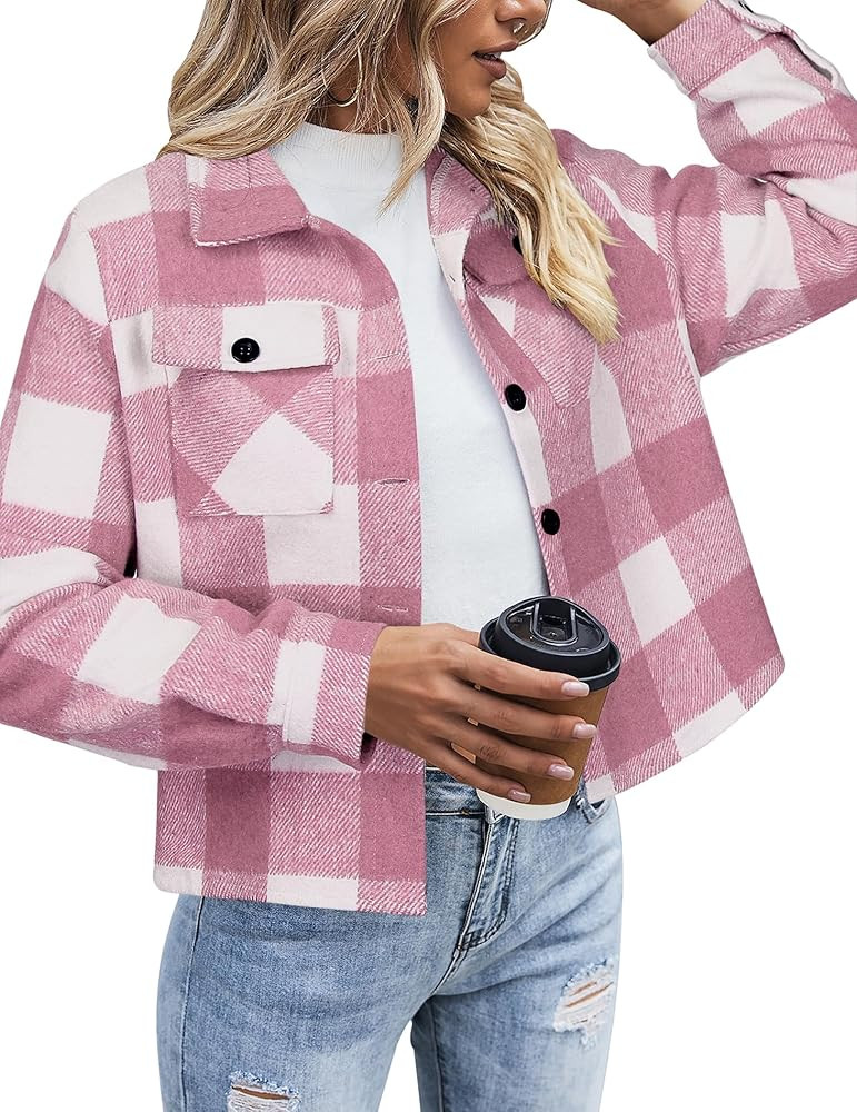 Zeagoo Flannels for Women Cropped Shacket Jacket Fashion Plaid Button Down Shirt 2024 Fall Coat T... | Amazon (US)