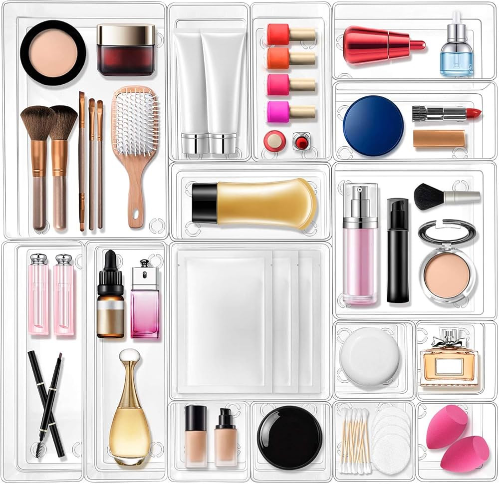 KPX 16pcs Makeup Drawer Organizer Set, Clear Plastic Desk Drawer Dividers, 5-Size Vanity Cosmetic... | Amazon (US)