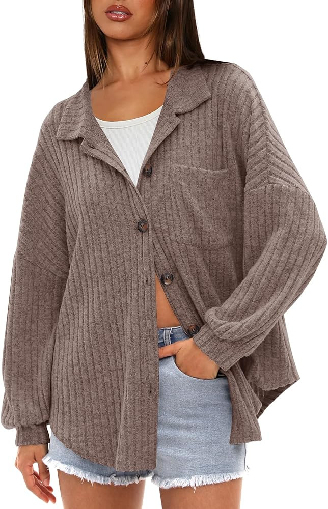 Darong Women’s Tops Button Down Shirts Long Sleeve Shacket Jacket Loose Fit Ribbed Knit Work Fa... | Amazon (US)