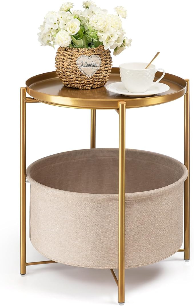danpinera Round Side Table with Fabric Storage Basket, Metal Side Small Bedside Table Nightstand ... | Amazon (US)
