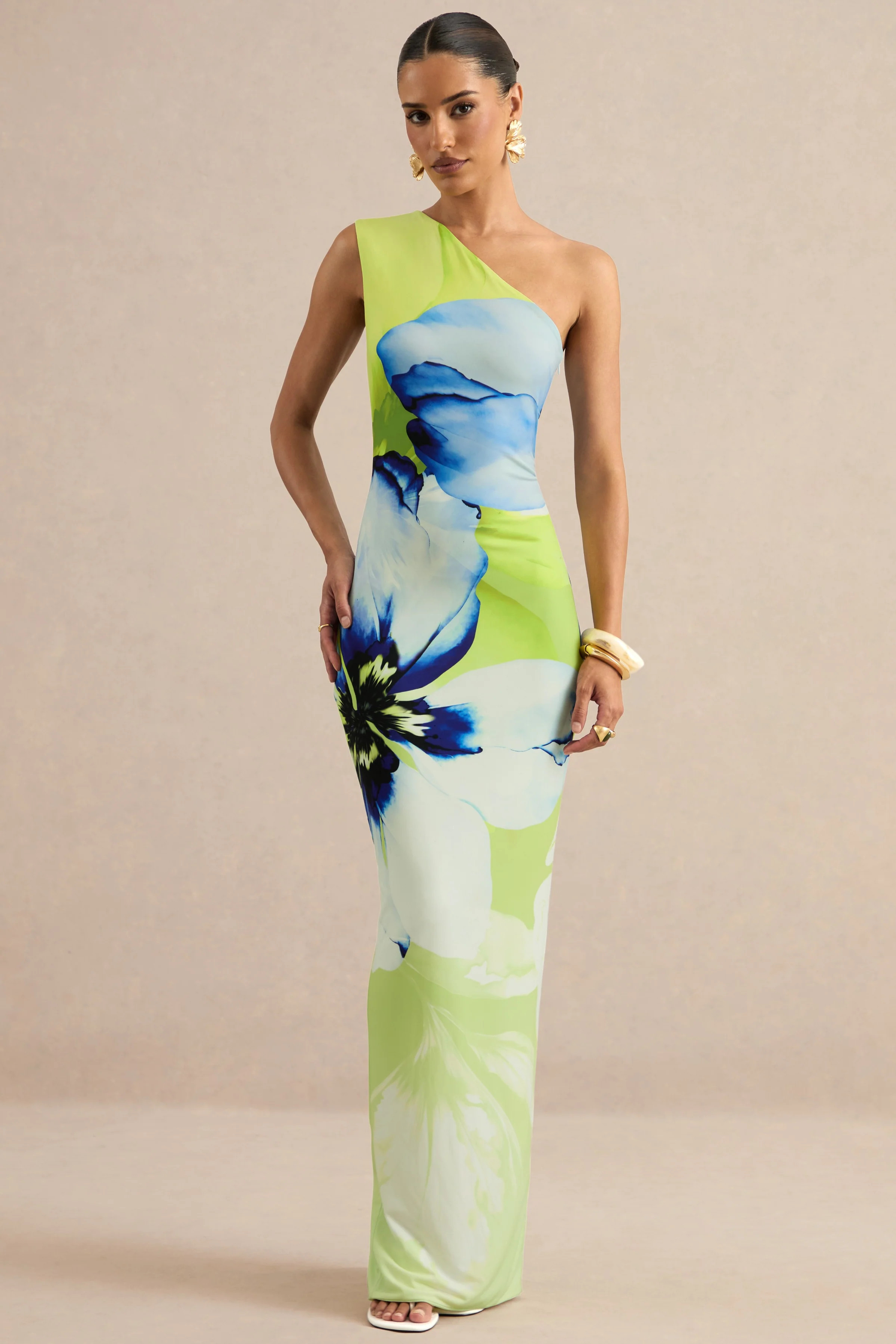 Niya | Lime And Blue Floral Placement Print Asymmetric-Neck Maxi Dress | Club L London